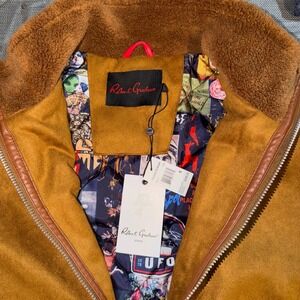 Robert Graham Mens Small Suede Bomber Jacket Brown Fur Collar Graphic Print
